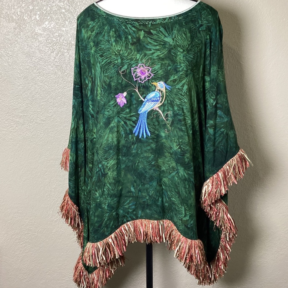 Handmade Green Batik Poncho One Size, Embroidered Bird/Floral, Fringe Trim